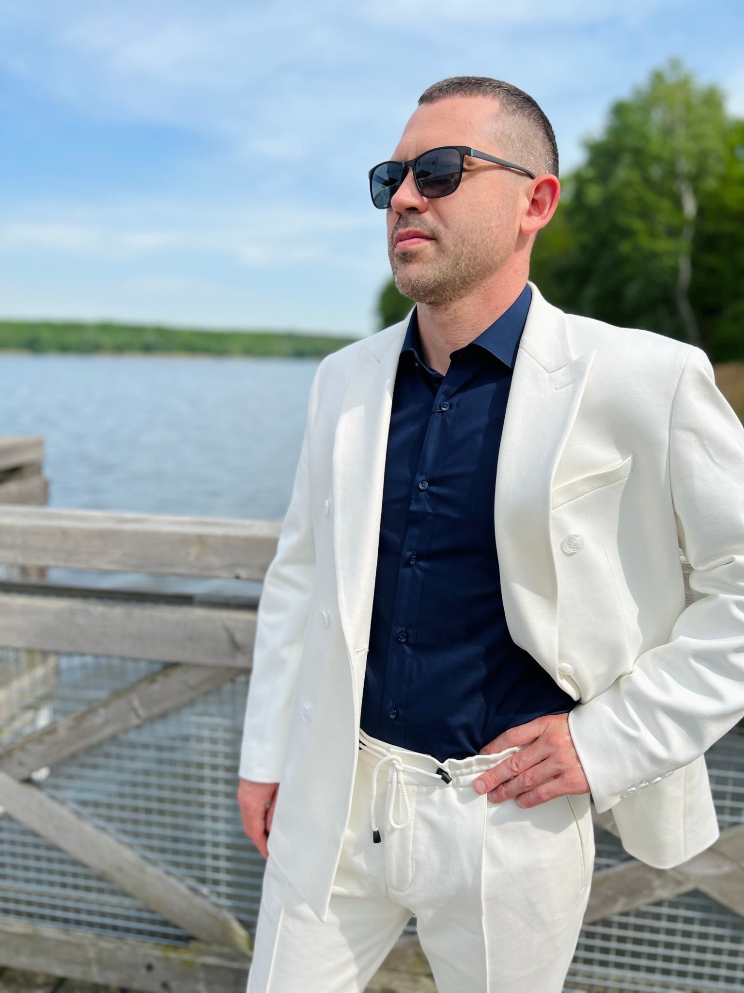 White double-breasted suit